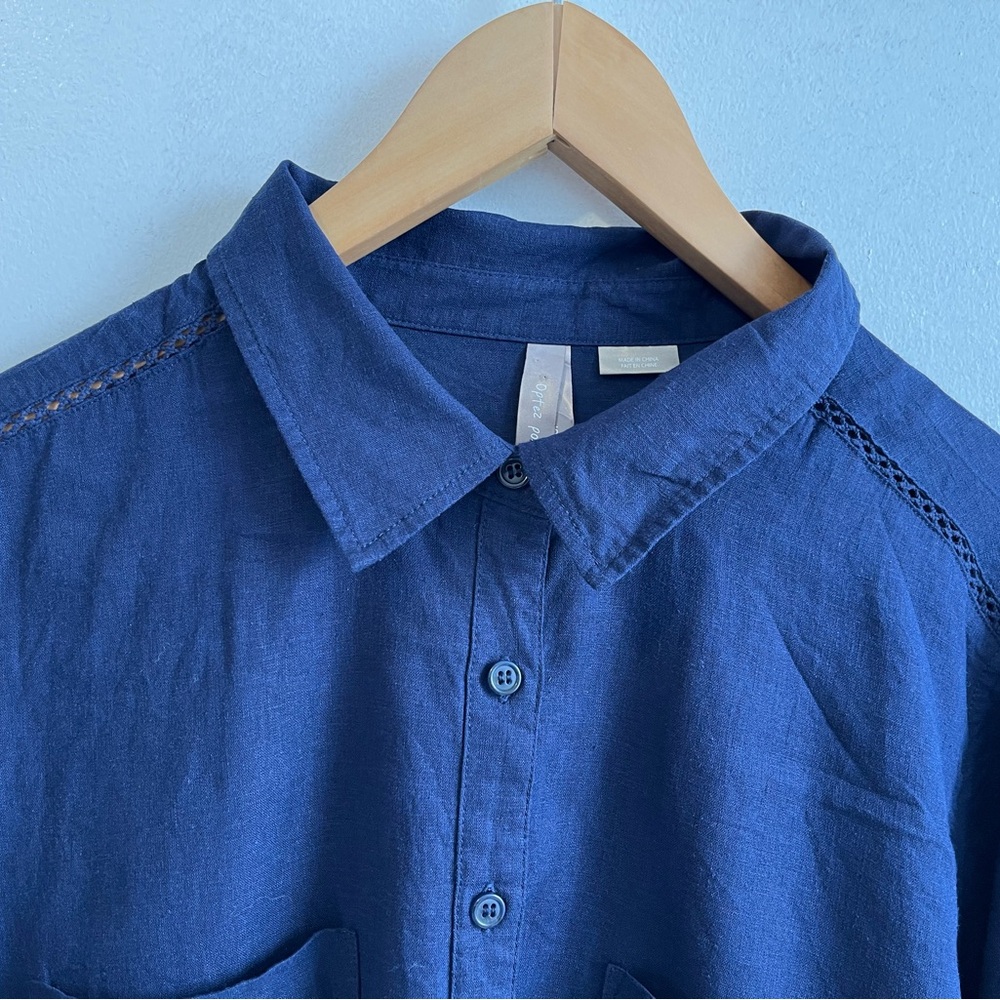 Penningtons Navy Linen Blend Blouse with Lace Hem - Picture 2 of 16